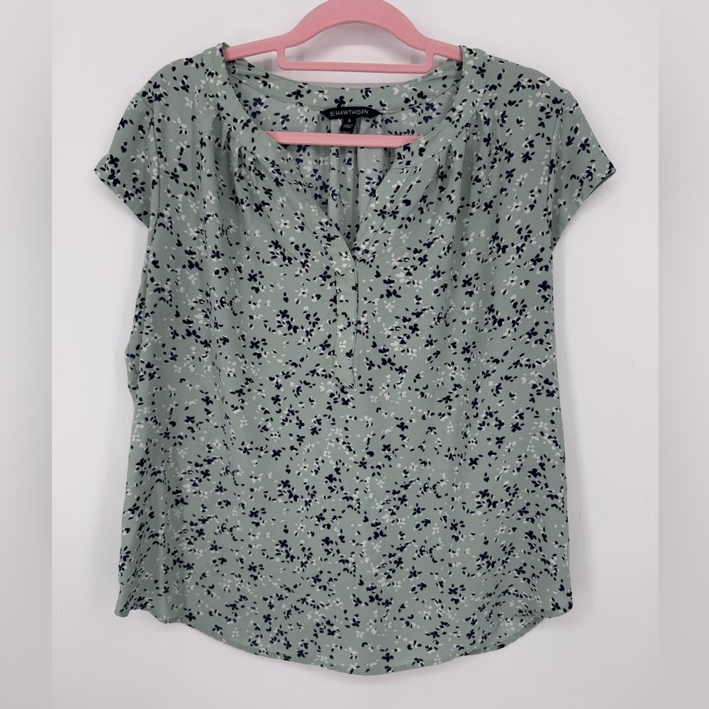 41 Hawthorn Women's Mint Green Floral Split V-Neck Cap Sleeve Blouse Size XL - Picture 1 of 5